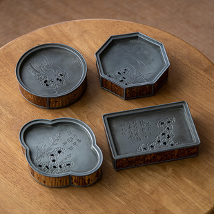 中式斑竹古锡壶承干泡台小茶盘茶具托盘双层带盖储水壶承