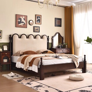 美式实木床中古风法式现代简约卧室双人1.8米布艺主卧大床箱体床