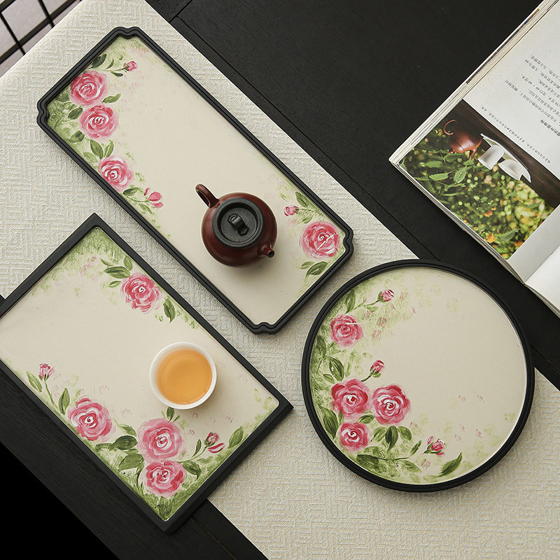 手绘油画玫瑰茶盘家用茶托盘茶具首饰摆放干泡盘小型壶承竹制托盘