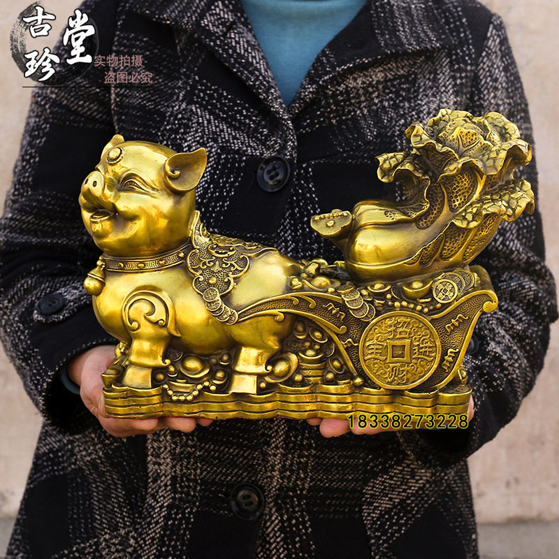 纯铜金猪拉财摆件 十二生肖福猪送财铜白菜 居家金属工艺品