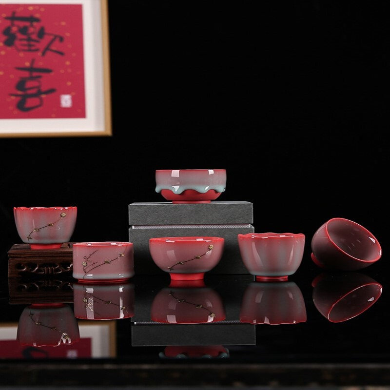 青瓷猪油冻锔钉主人杯五福杯粉红莲花杯开片可养复古中式茶杯单盏