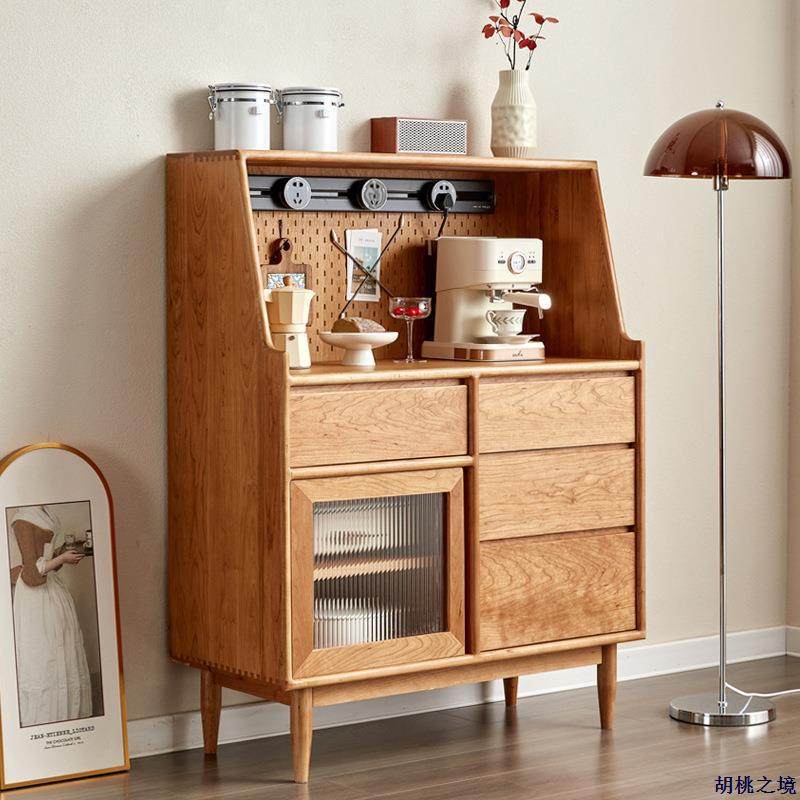 日式实木餐边柜北欧樱桃木茶水柜咖啡机微波炉柜原木多功能收纳柜
