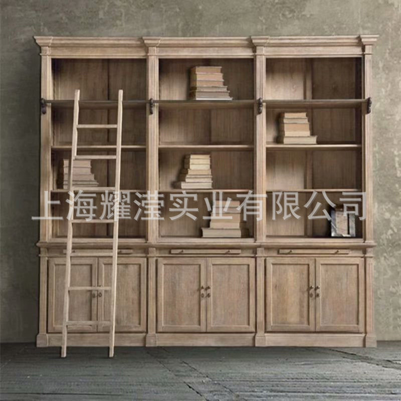 美式实木落地书柜置物柜网红家用客厅简易书架一体整墙满墙展示柜