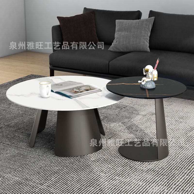 北欧铁艺大小茶几组合 圆形可伸缩岩板小矮桌 客厅省空间置物桌