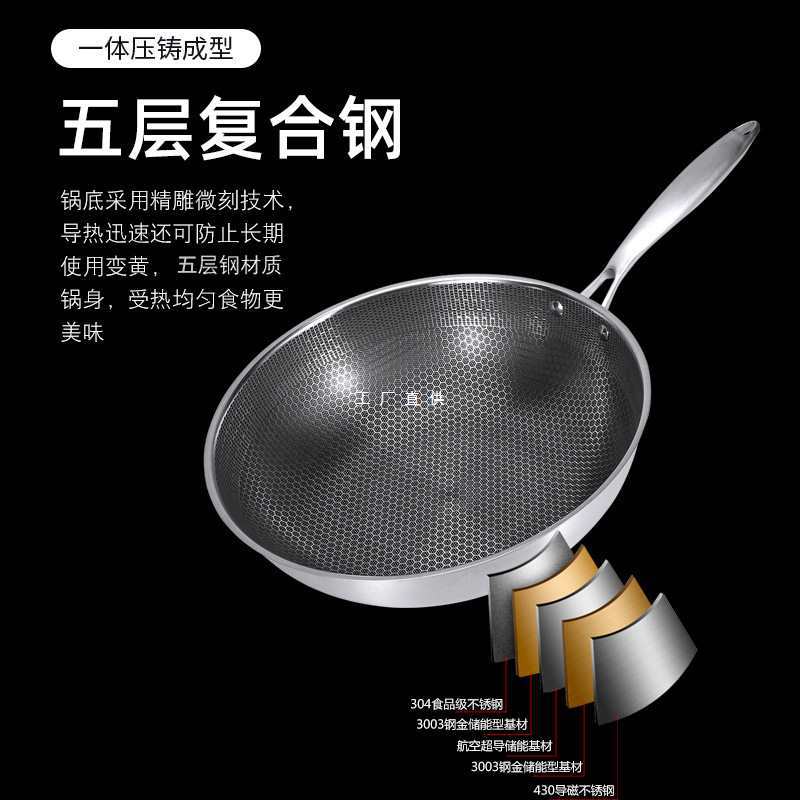 批发430不锈钢炒锅不锈钢不沾锅蜂窝炒锅无烟锅家用平底锅炒菜锅