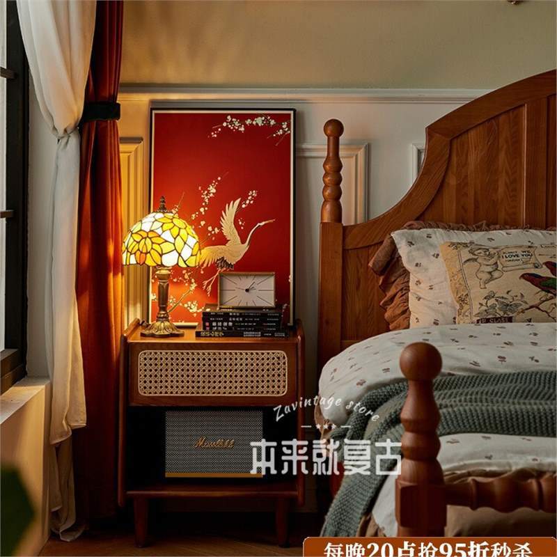 法式中古纯实木藤编床头柜小户型