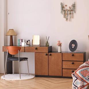 法式复古实木斗柜梳妆台一体转角床尾中古风卧室黑色化妆桌收纳柜