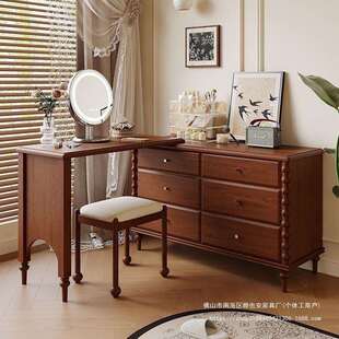 GY中古风复古梳妆台卧室书桌化妆化妆台转角伸缩斗柜一体实木收纳