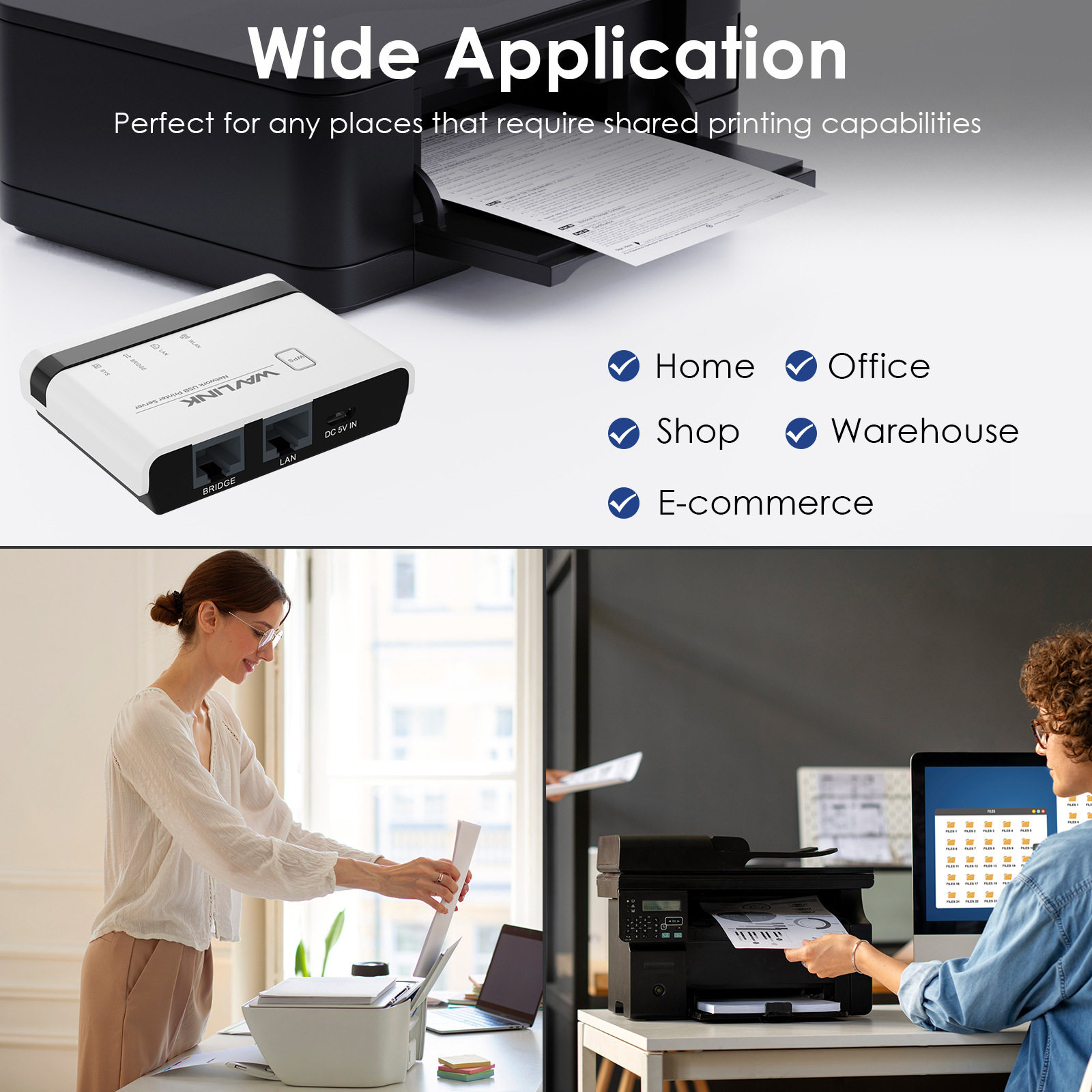 WAVLINK USB2.0无线打印机服务器带10/100Mbps LAN/桥接 NU516U1