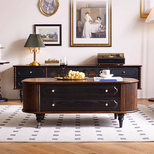 诺森茶几法式复古实木电视柜收纳储物柜一体椭圆形茶桌中古风茶几