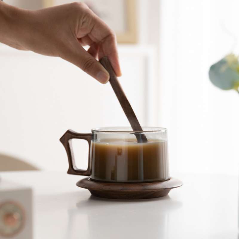 轻奢高档玻璃咖啡杯胡桃木茶杯组合茶水分离滤茶杯办公室泡茶杯子
