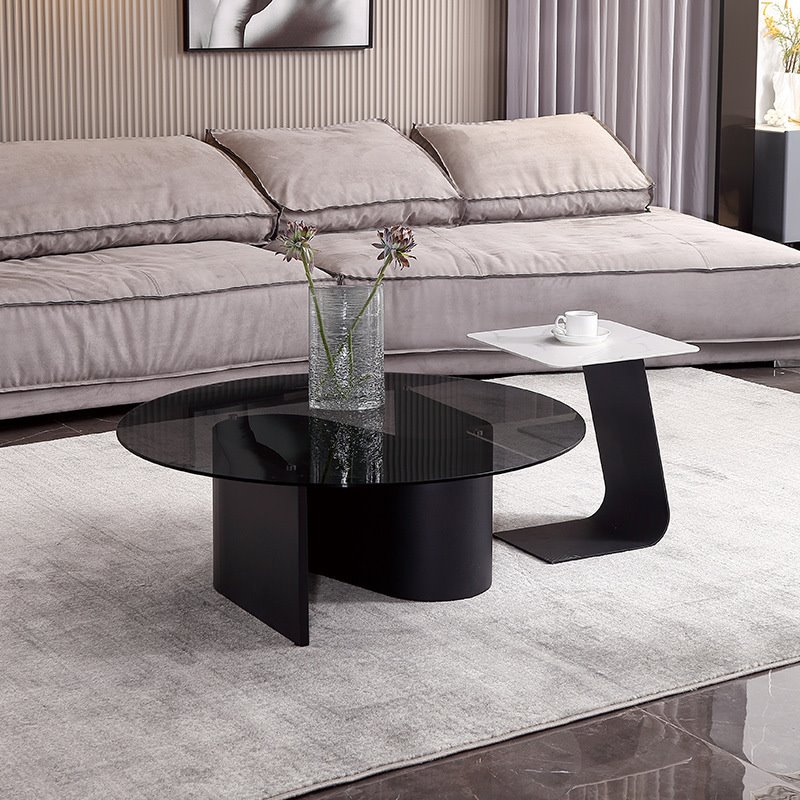 现代简约碳素钢圆形茶几边几组合客厅会谈设计师钢化玻璃轻奢茶桌
