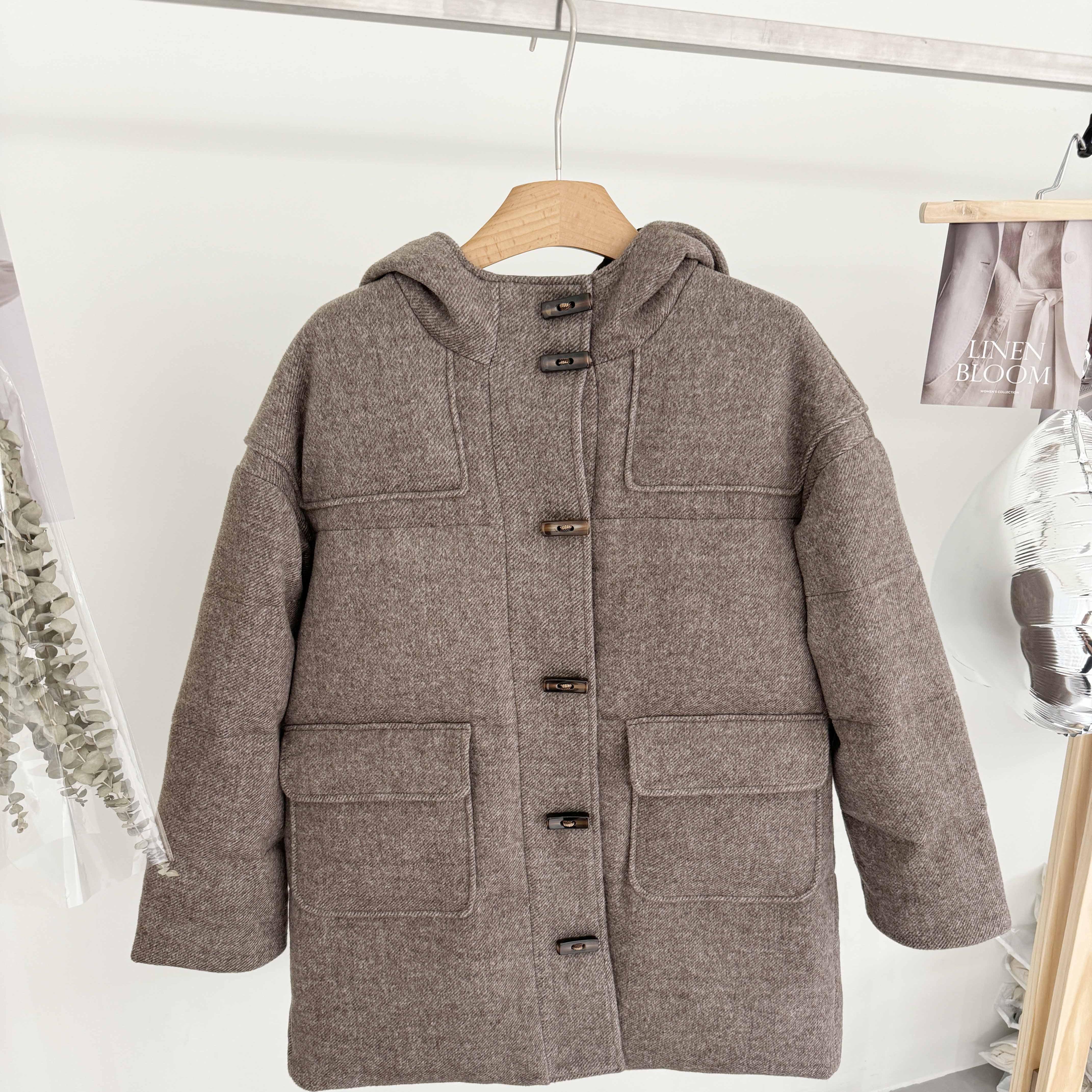 捡漏50羊毛长款毛呢羽绒服女90白鸭绒连帽撞色方牛角扣外套