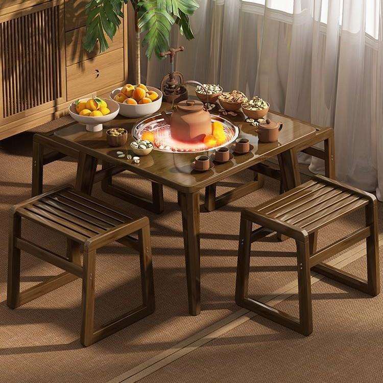 室内围炉煮茶小圆桌简约茶桌茶几家用阳台桌楠竹围炉餐桌烤火桌子