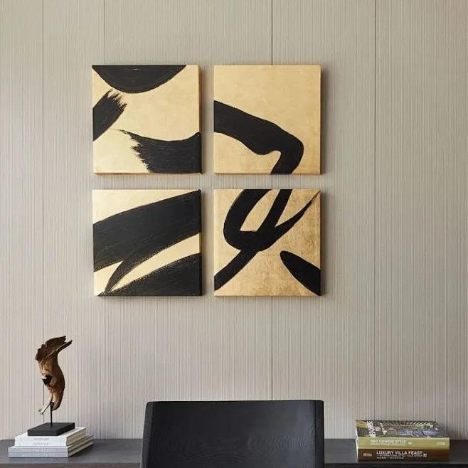现代金箔客厅组合手绘油画软装样板房酒店大堂挂画玄关柜餐厅壁画