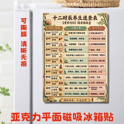 热销十二时辰养生速查表亚克力平面冰箱贴现代健康生活中医馆磁贴