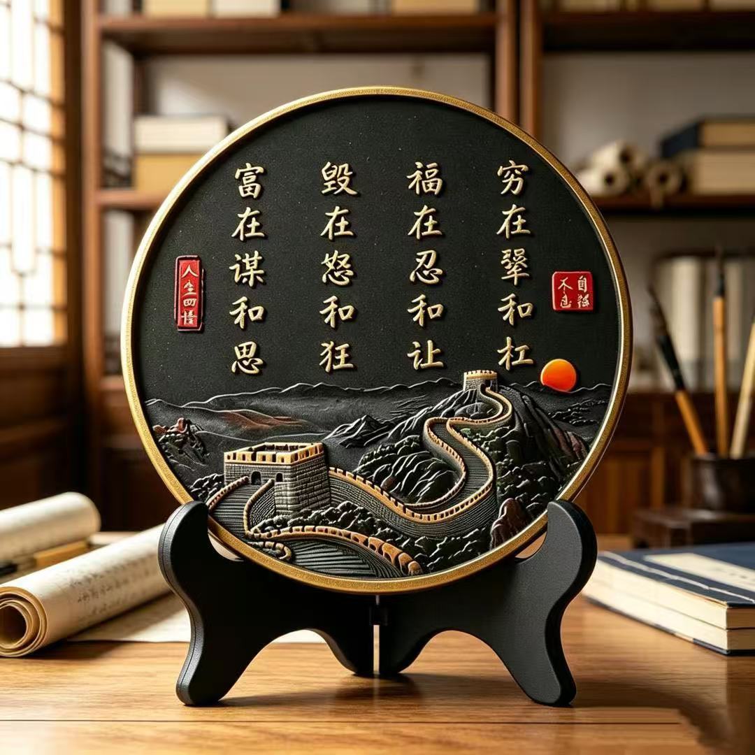 木【福在忍和让】新中式摆件办公室桌面摆台山水字画家用玄关摆盘