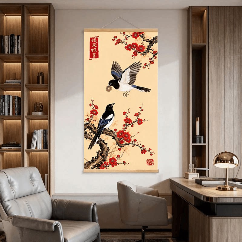 A认准正品【钱来报喜】新中式客厅沙发背景墙工笔喜鹊梅花装饰画
