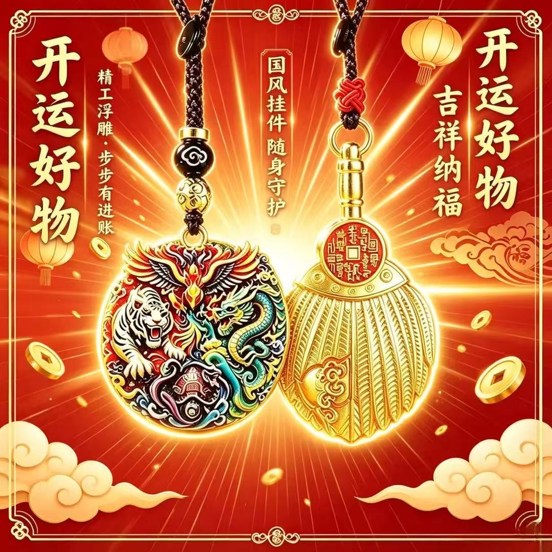 臻品.彩绘四方神兽武相铭言羽扇随身汽车挂件
