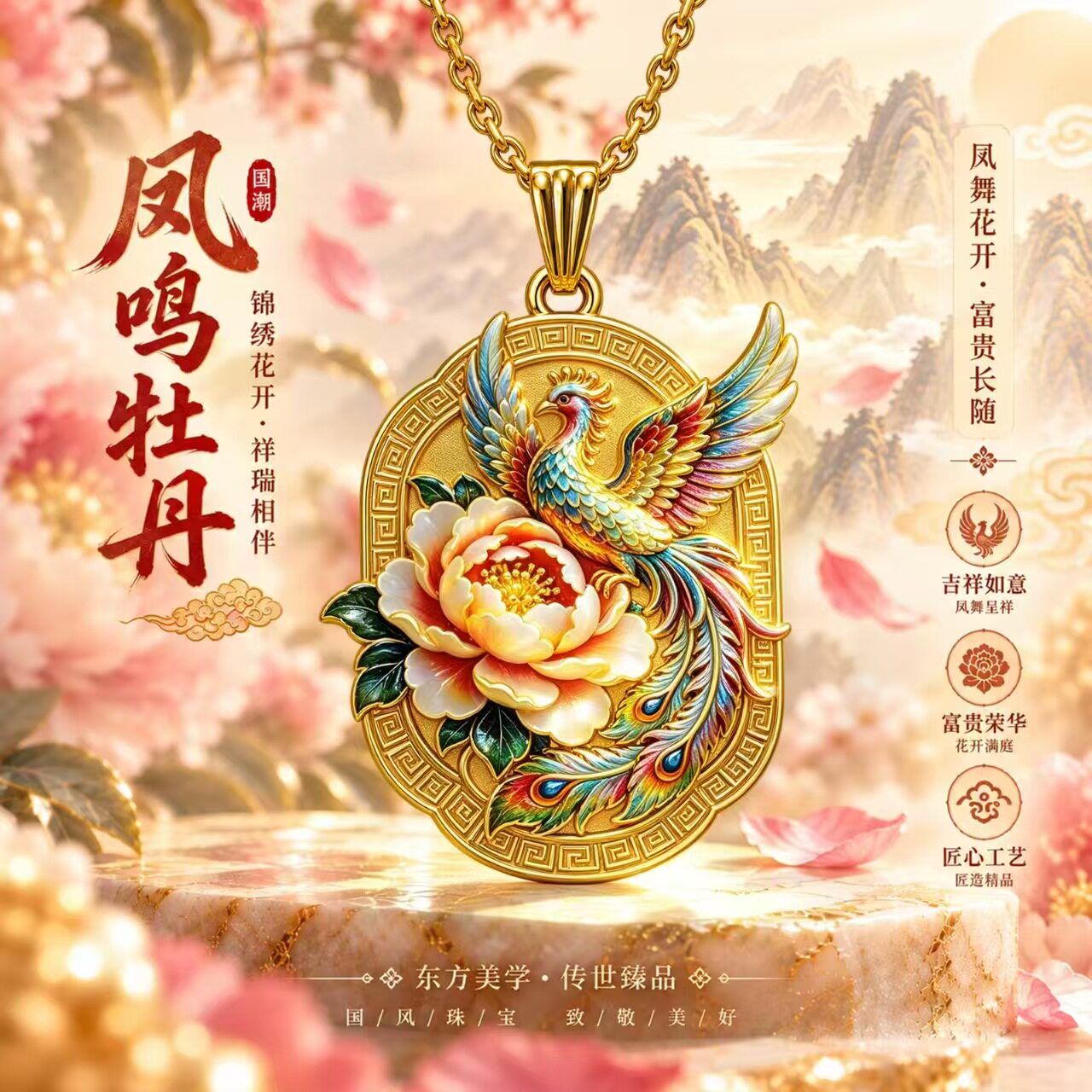 合金吊坠 新款国风凤凰牡丹时尚精美气质百搭吊坠