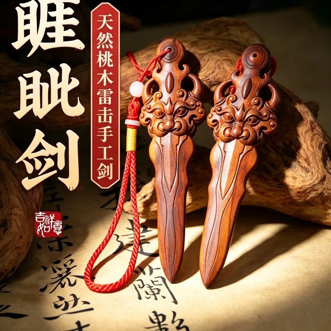 【桃木剑】雷击木睚眦剑桃木挂件平安挂件手工雕刻车载挂件