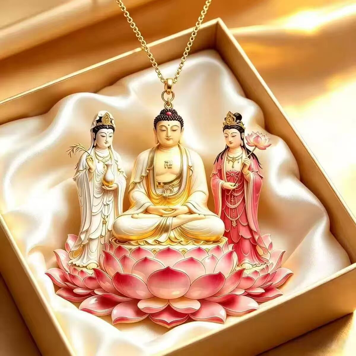 西方三圣莲花玉坠阿弥陀佛观音菩萨金镶玉佩新中式平安吉祥吊坠
