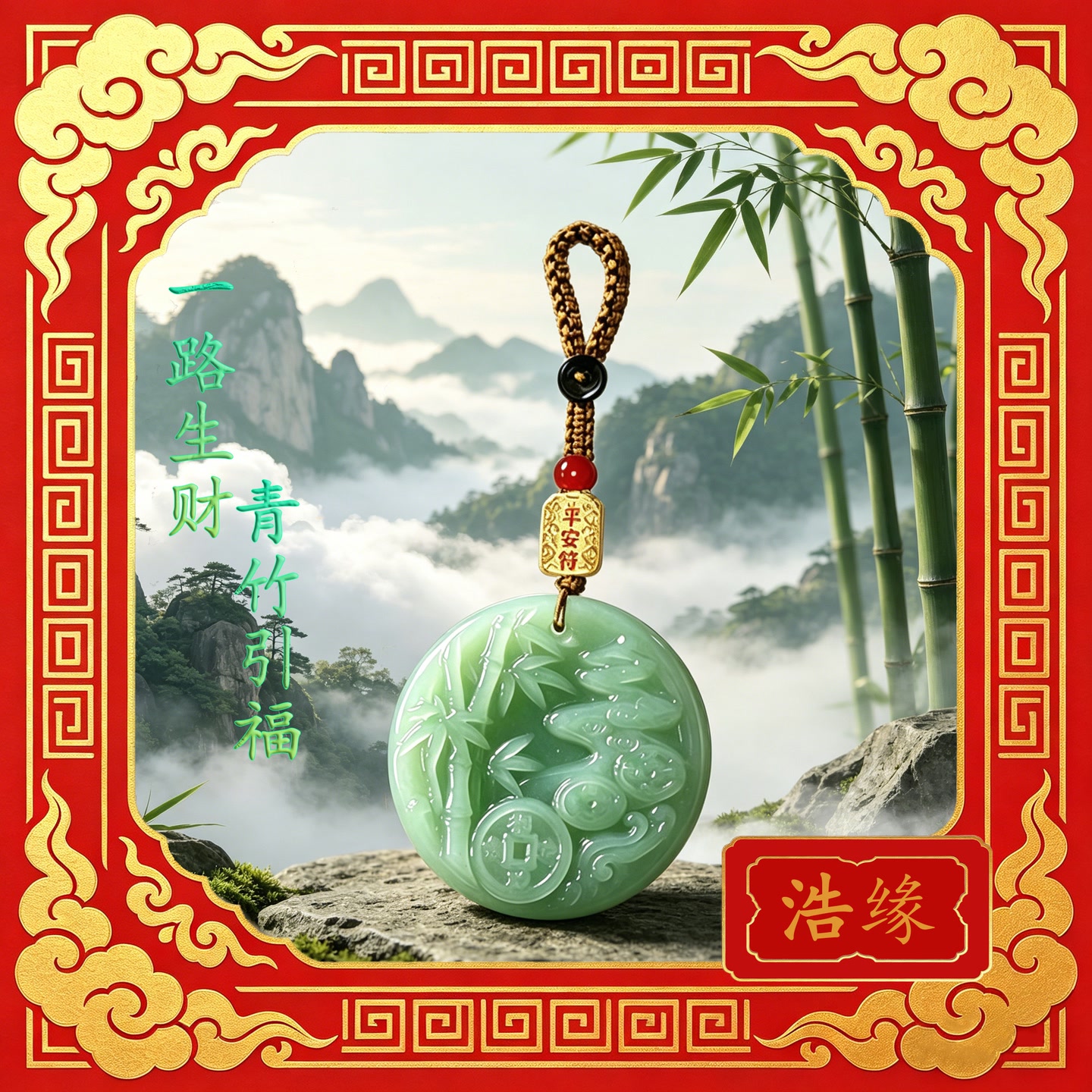 【师傅推荐】2026新款青竹引福一路生财钥匙扣挂件平安符挂件