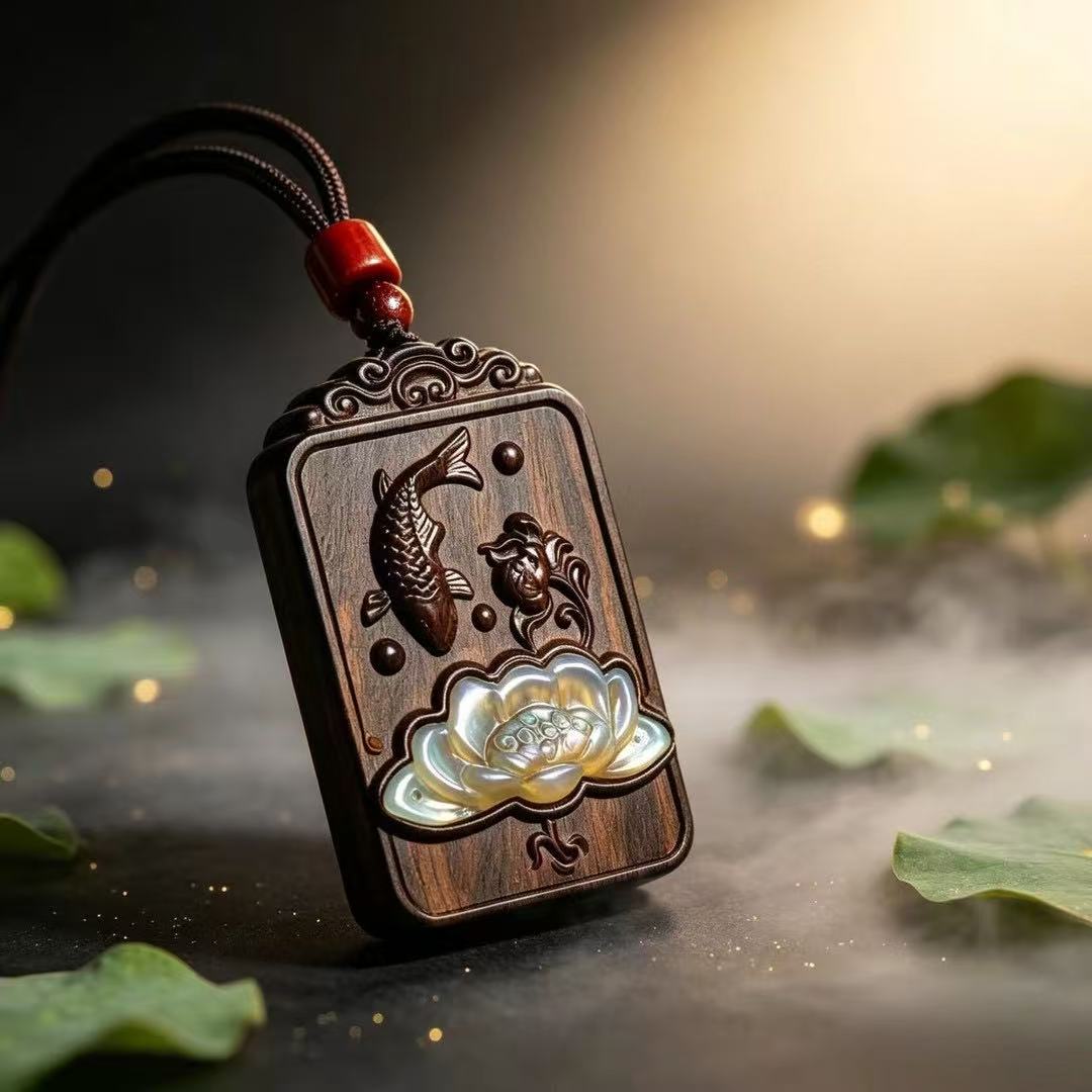 木质项坠/吊坠【师傅推荐】国风中式木雕莲花鲤鱼吊坠随身木牌