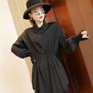 2024春秋新款中长款收腰衬衫女修身显瘦单排扣打底衬衣灯笼袖上衣