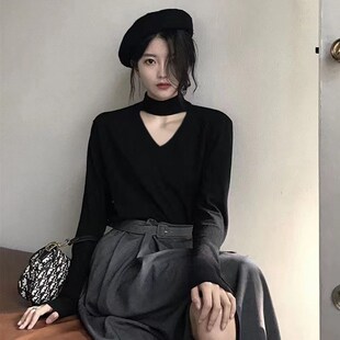 超好看的挂脖针织衫黑色内搭毛衣时髦时尚洋气打底衫女秋冬高级感