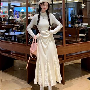 配大衣半高领针织连衣裙女秋冬法式白色气质内搭打底加厚鱼尾长裙