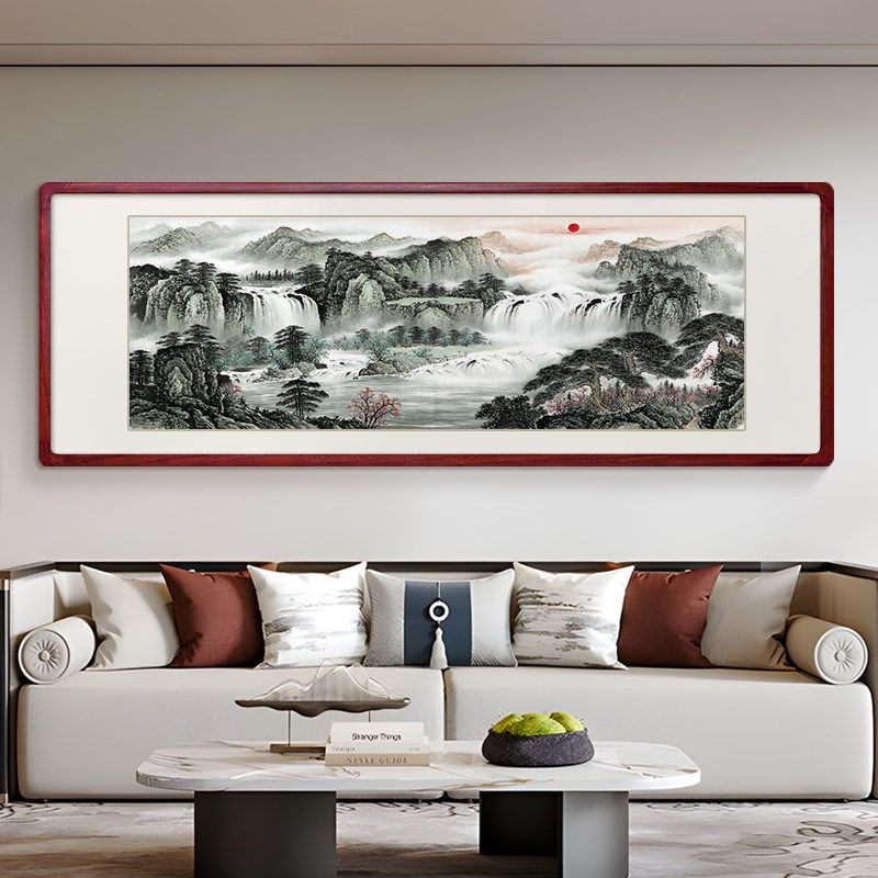 纯手绘山水画客厅挂画新中式旭日东升办公室沙发背景墙装饰画靠山