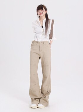 KRO卡其色美式甜酷高腰直筒工装裤女2024新款设计显瘦阔腿休闲裤