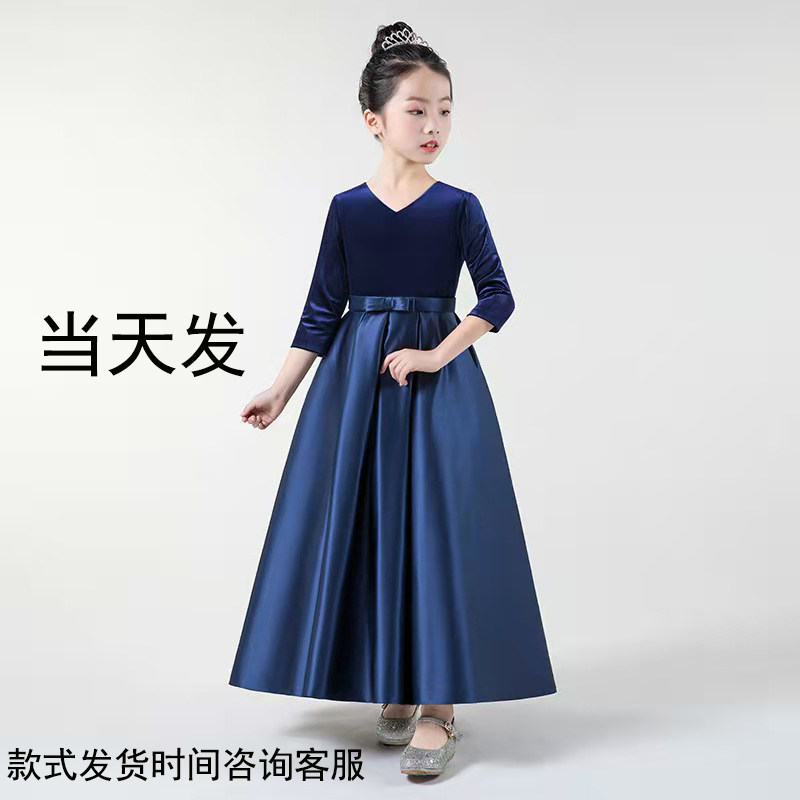 儿童晚礼服黑色女童主持初中生钢琴演出服中大童音乐会小提琴