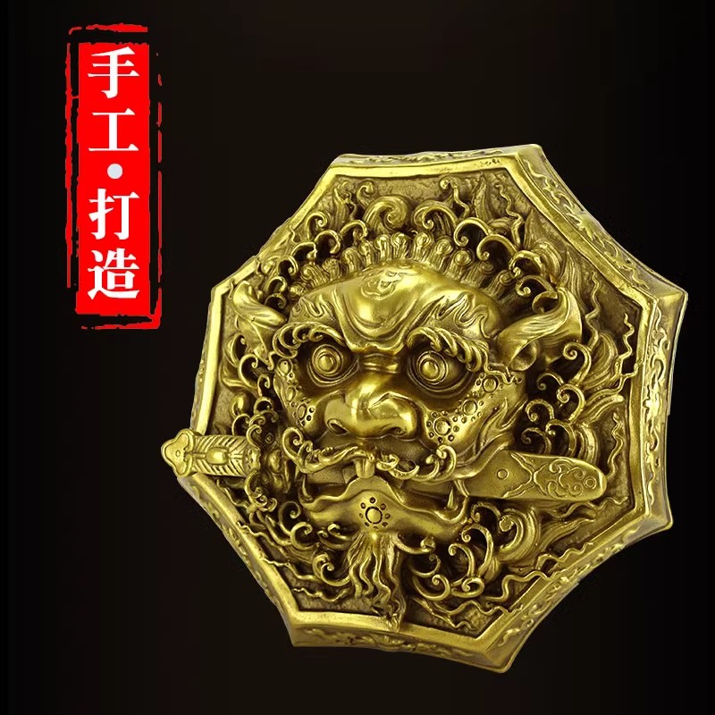 黄铜狮咬剑挂件八卦镜虎头牌睚眦兽头门对门家用门口铜镜挂饰品