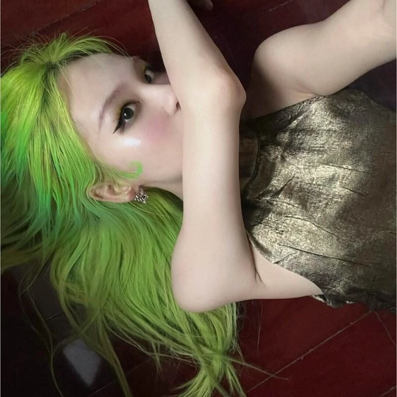绿色假发全头套女中长卷发荧光锁骨发整顶女团潮色彩色水波纹毛