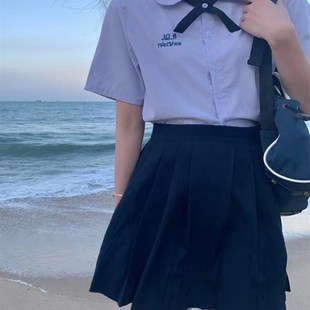 设计感小众绣花紫色上衣 夏季 学院风JK领带衬衫 百褶裙套装 甜美时尚