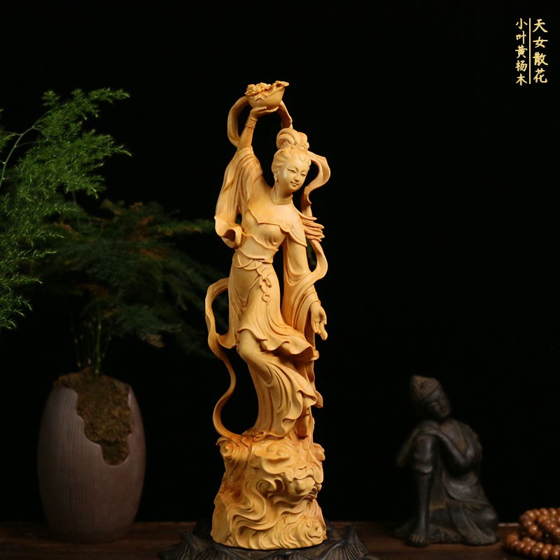 小叶黄杨木雕仕女摆件新中式家居饰品实木雕刻工艺品收藏天女散花