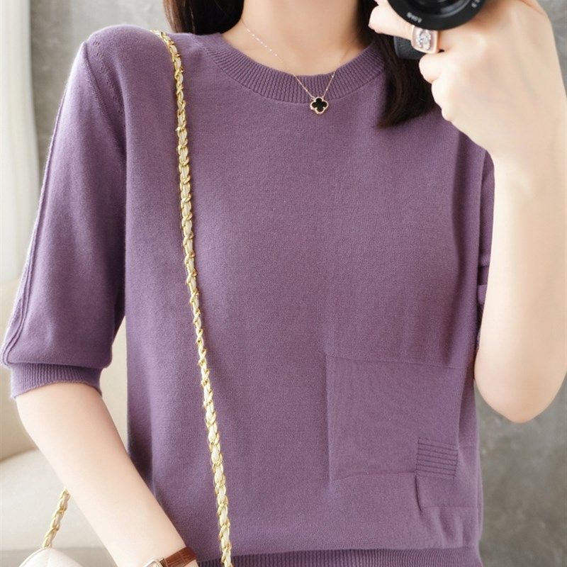 夏季女圆领针织衫纯棉高腰短款T恤套头短袖薄款镂空宽松百搭上衣