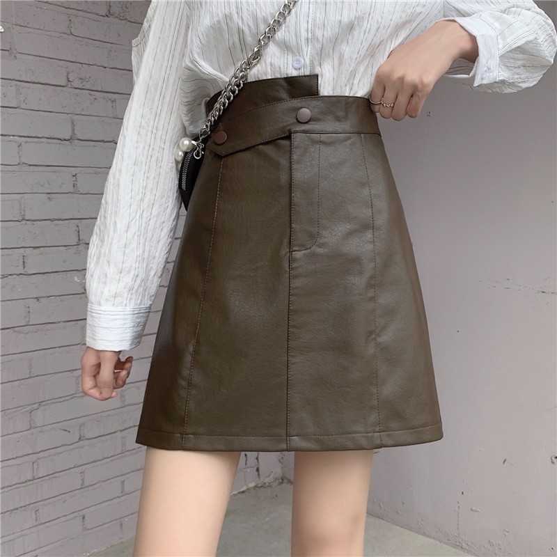 皮裙大码胖mm女春秋高腰pu皮a字裙超火遮肚子防走光棕色半身裙冬