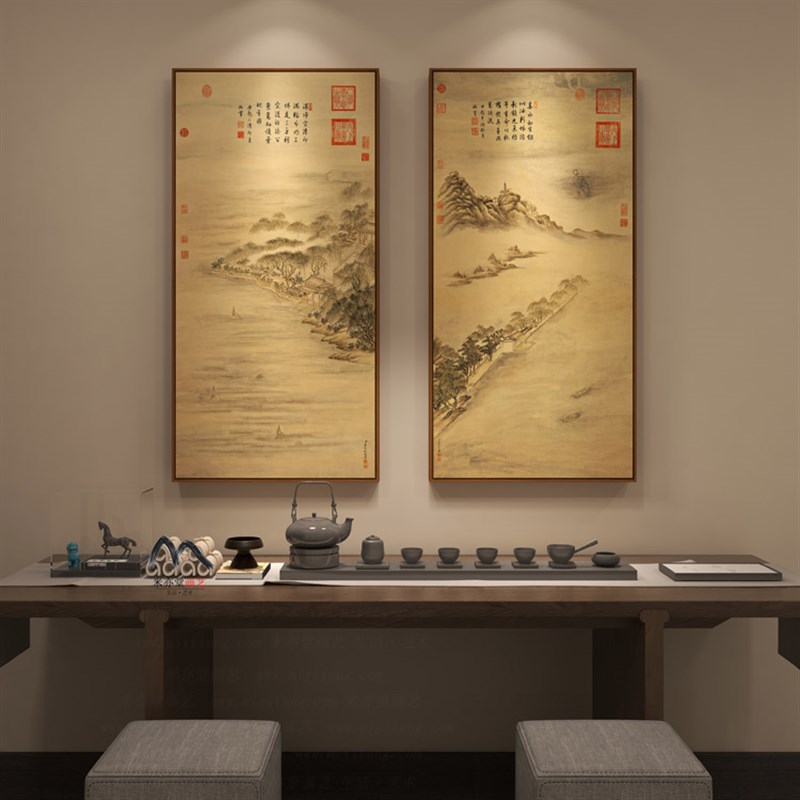 米亦堂x杭州西湖 新中式山水客厅沙发背景墙茶室餐厅玄关三联挂画
