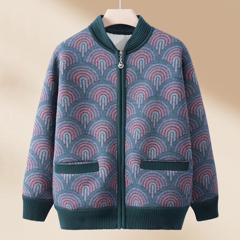 中老年女秋冬款妈妈加绒加厚针织衫毛衣保暖上衣奶奶装羊羔绒外套