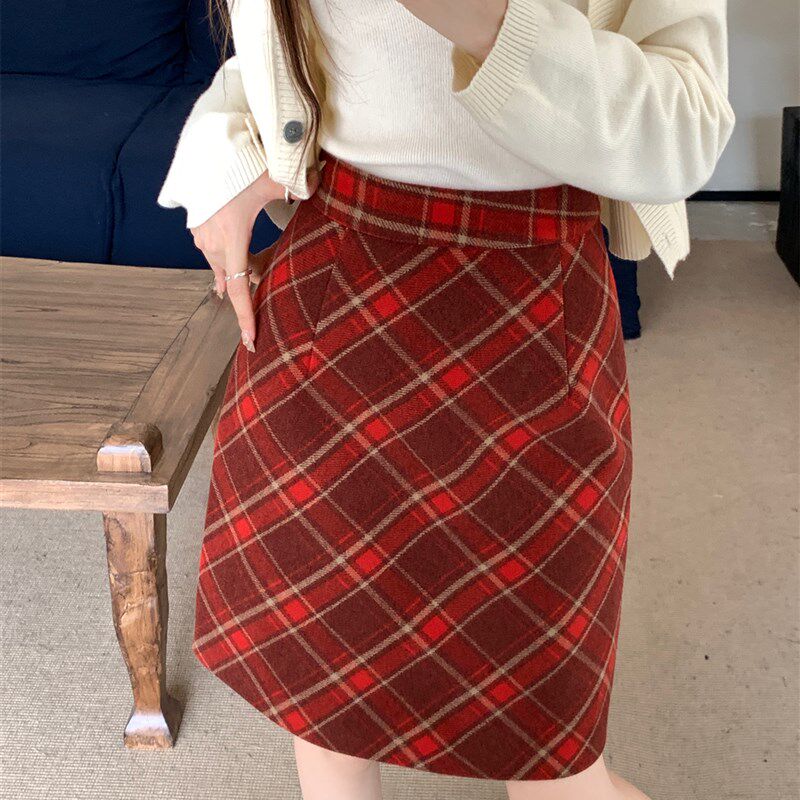 毛呢半身裙女A字裙秋冬新款美式红色格纹复古红格子短裙大码中裙