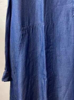 19876复古风纯棉薄半开襟翻领深蓝色长款裙子全棉牛仔衬衫连衣裙