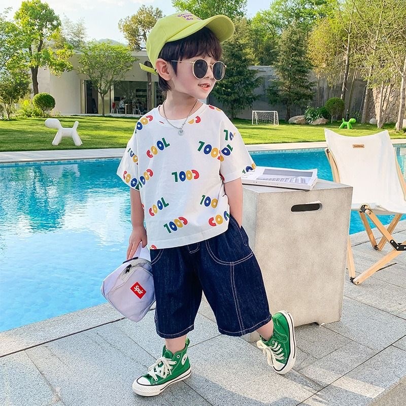 男童夏装套装2024新款中小童白色短袖牛仔短裤儿童宝宝休闲两件套