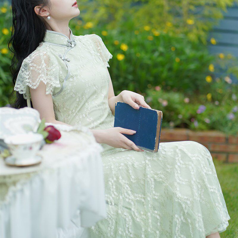 花开栀夏 绿色蕾丝鱼尾旗袍年轻款少女修身显瘦曳地长款连衣裙