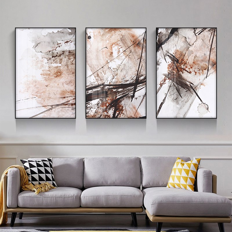 北欧简约客厅沙发背景墙装饰画三联组合抽象几何挂画金属外框壁画