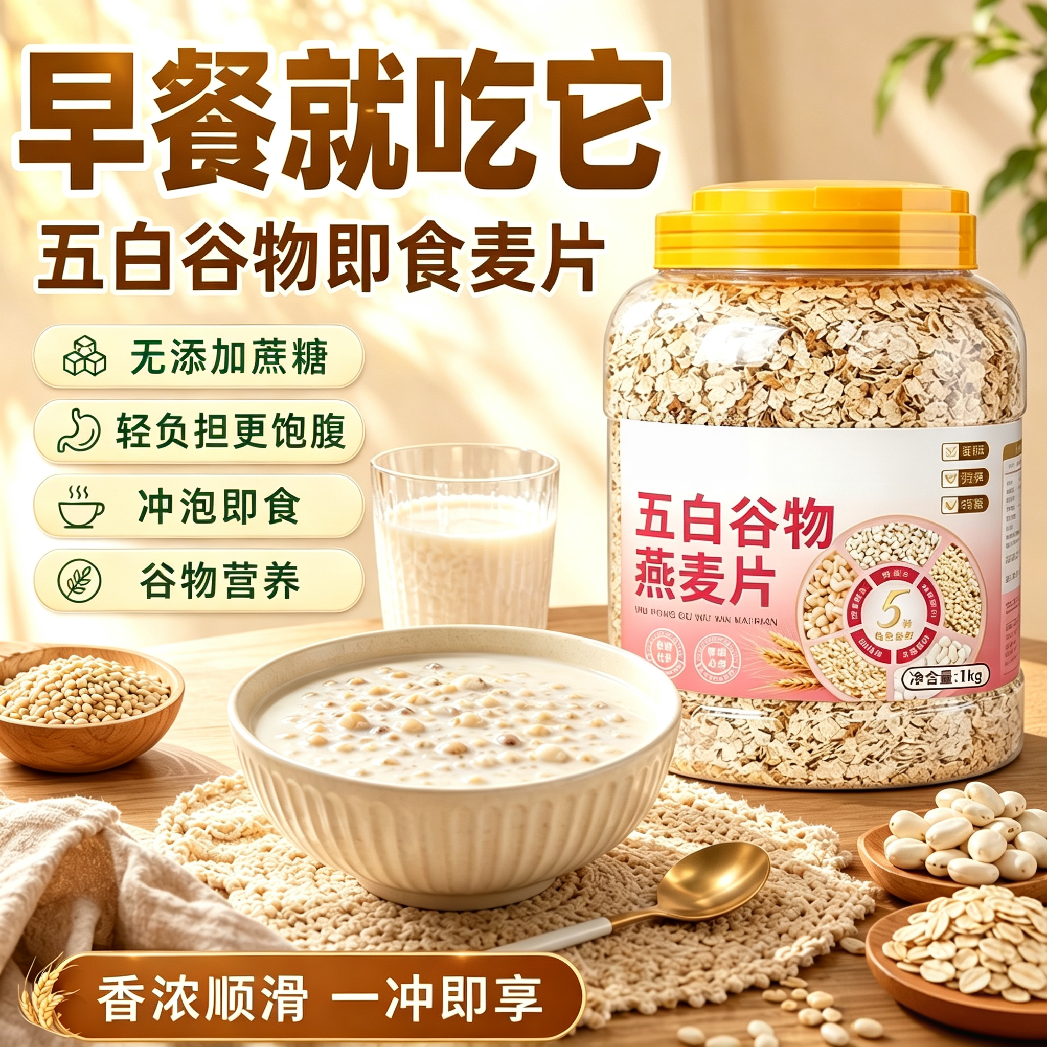 五白谷物即食麦片官方旗舰店正品原味早餐饱腹代餐冲泡即食燕麦片