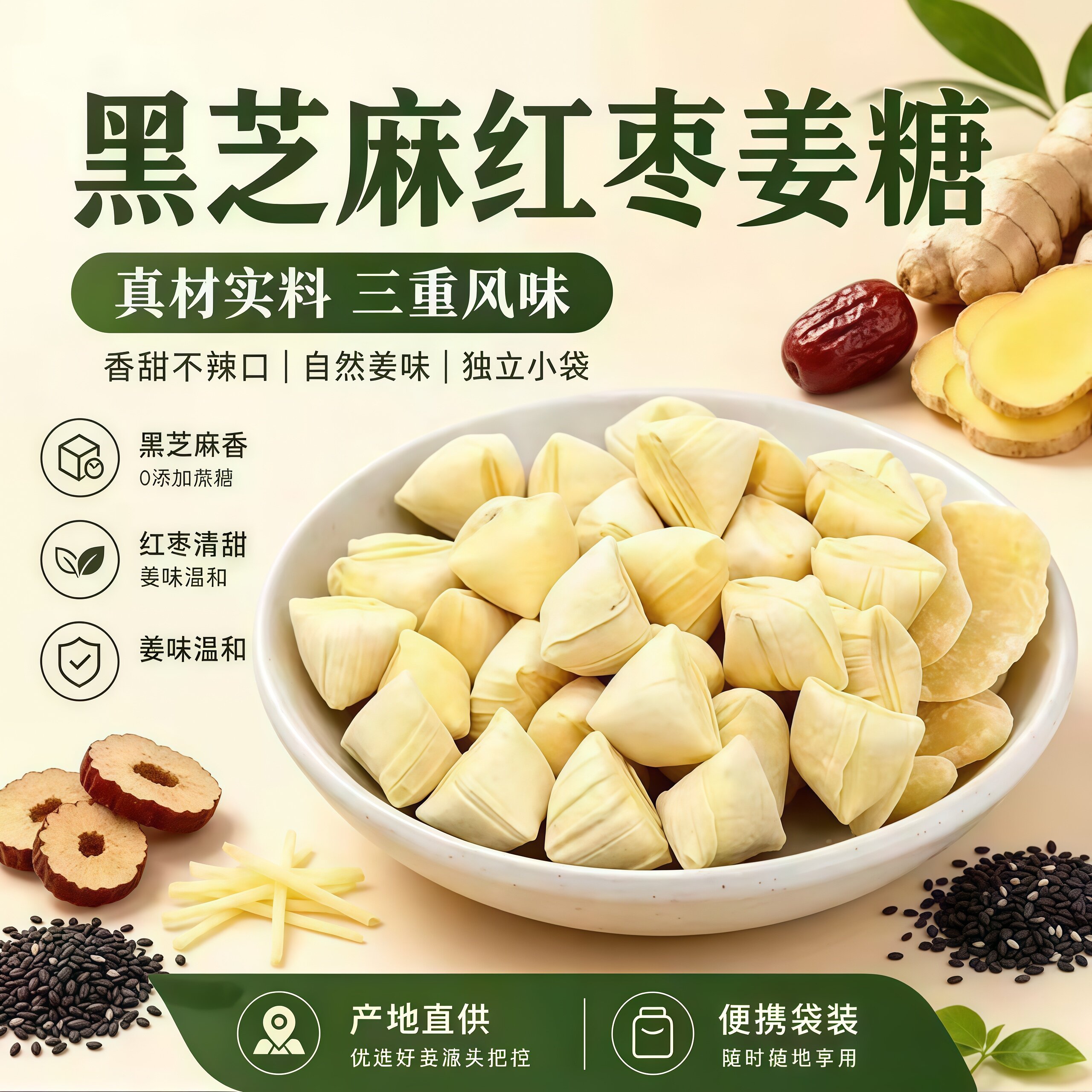 姜糖纯手工正宗老姜味山东特产老生姜汁黑芝麻红枣糖果古法熬制