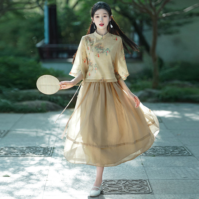 汉服改良版连衣裙少女夏2023新款初中高中学生中国风古装裙子套装